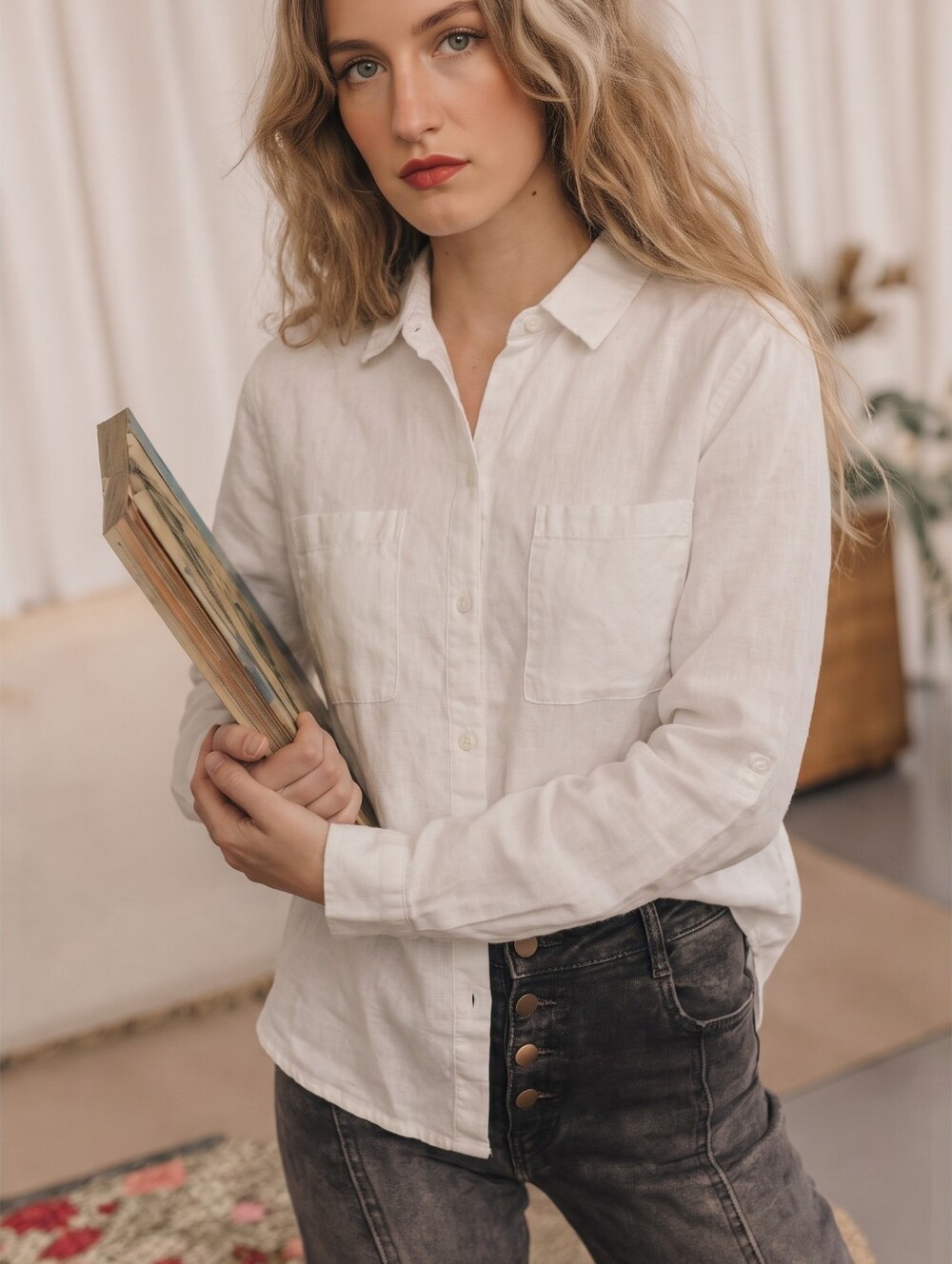 Cloth & Stone Crisp White Button-Down Shirt Bi Level Hemline Chest Pockets Women
